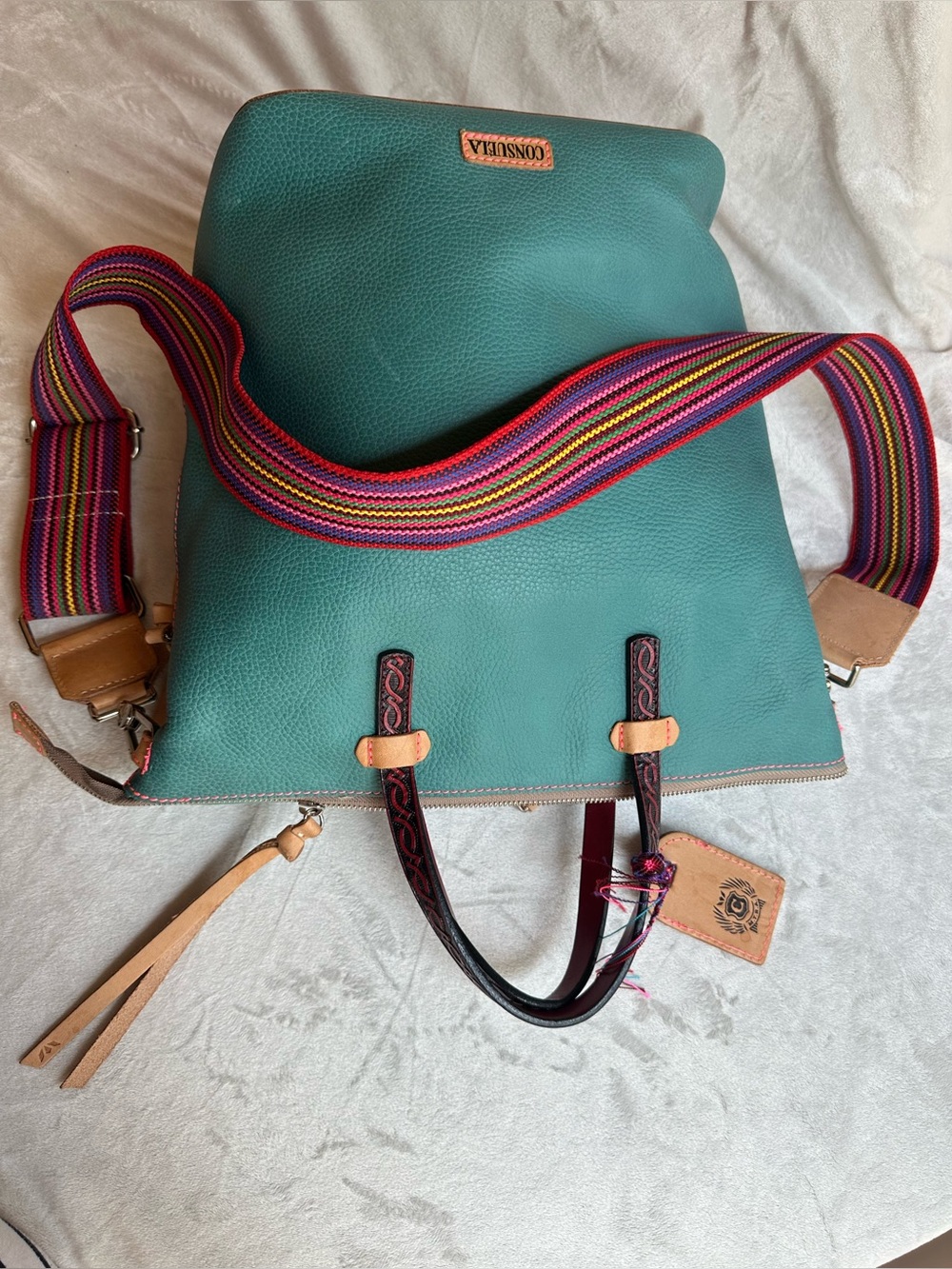 Consuela Teal Leather Tote with Multicolor Stripe Strap